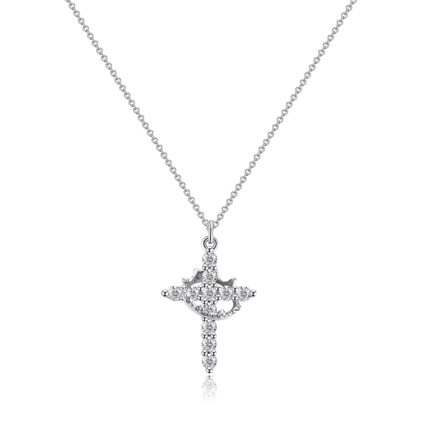 Paved Cross Rotated Crown Necklace