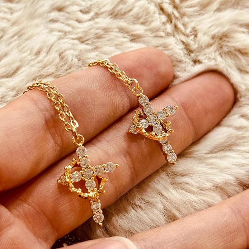 Paved Cross Rotated Crown Necklace