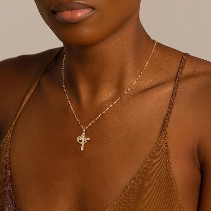 Paved Cross Rotated Crown Necklace