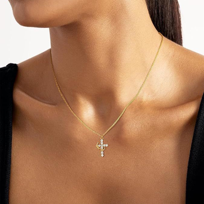 Paved Cross Rotated Crown Necklace