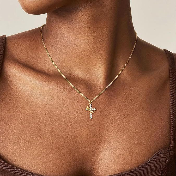 Paved Cross Rotated Crown Necklace