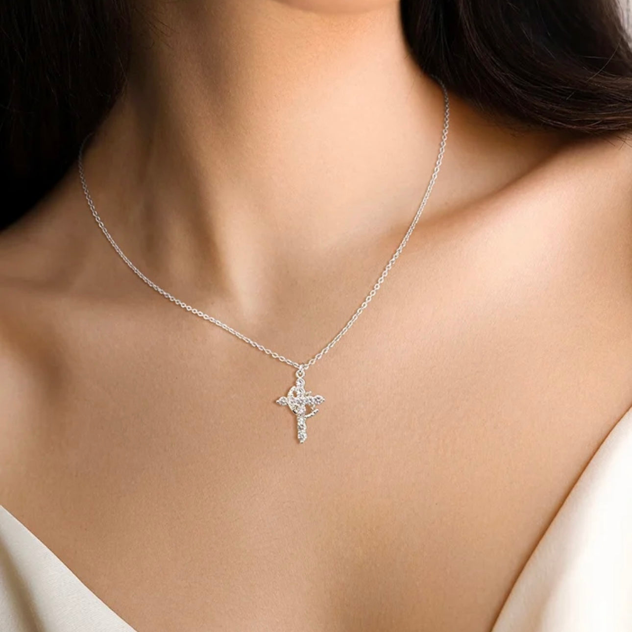 Paved Cross Rotated Crown Necklace