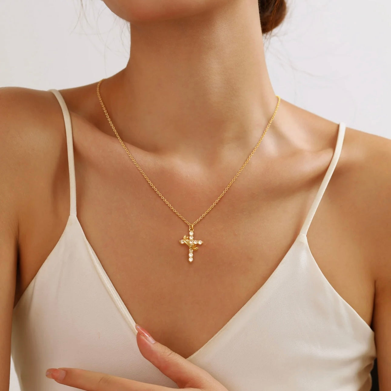 Paved Cross Rotated Crown Necklace