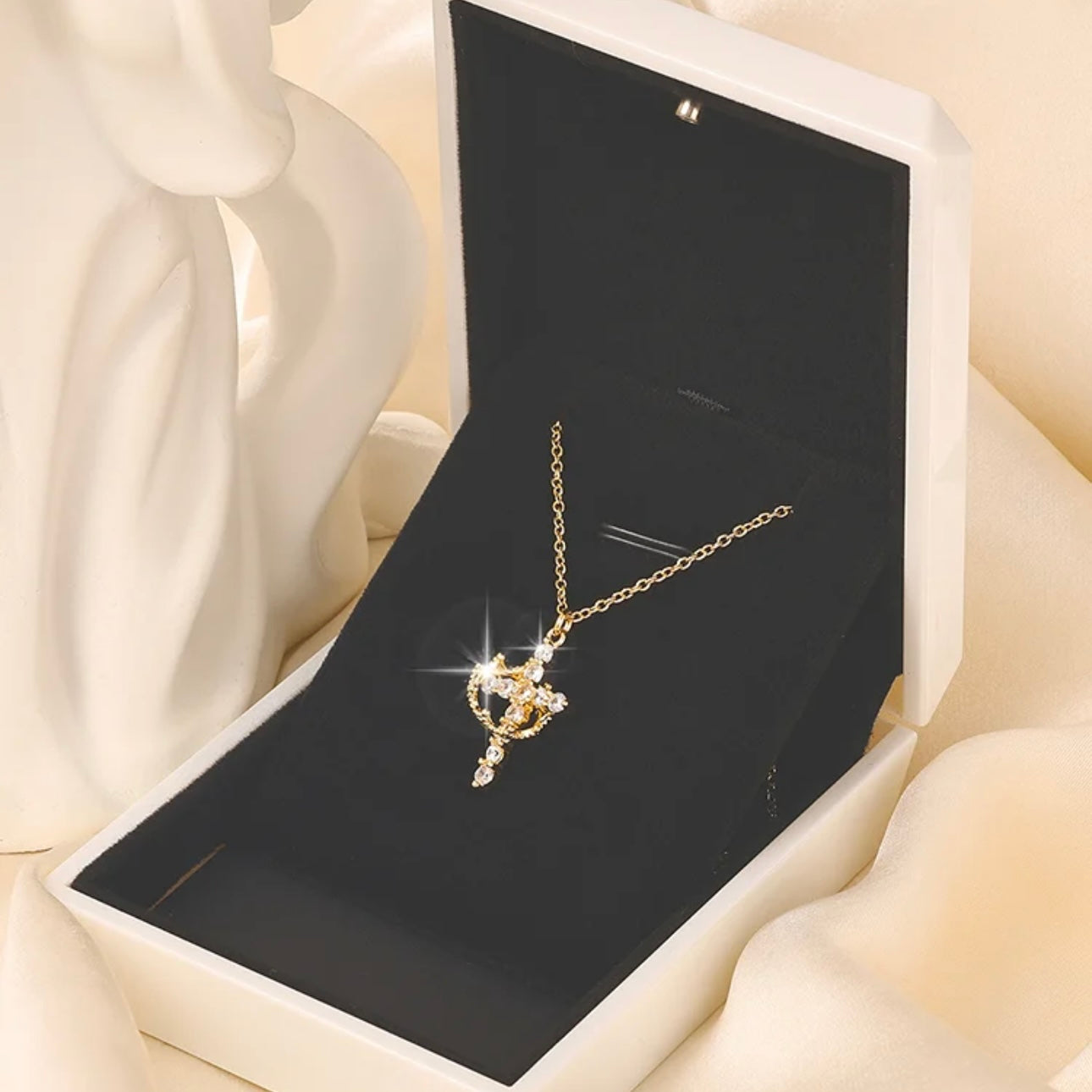 Paved Cross Rotated Crown Necklace