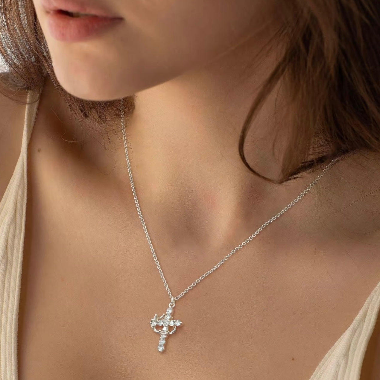 Paved Cross Rotated Crown Necklace